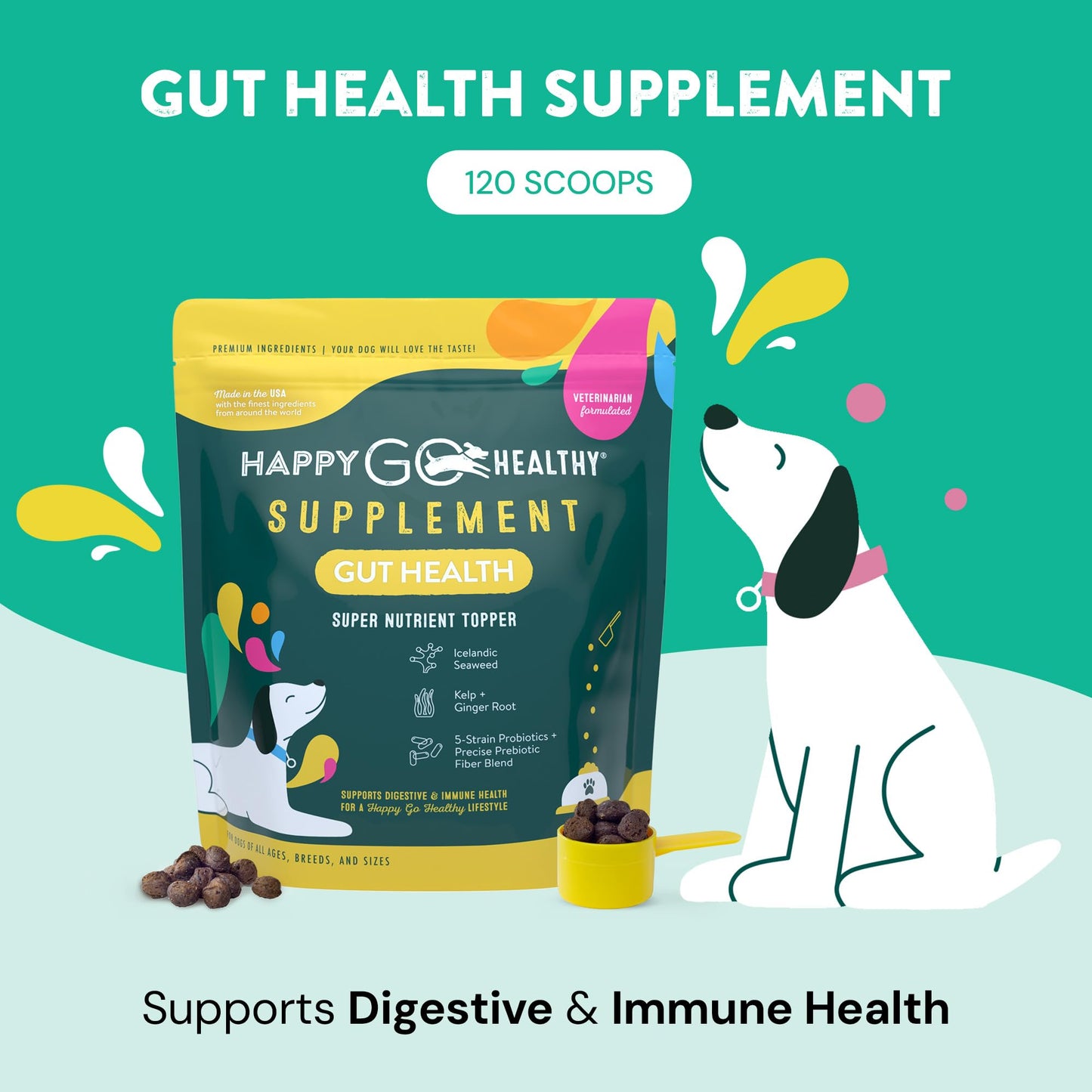 Happy Go Healthy Dog Gut Health Probiotics Supplement | Improves Digestive Health and Immune System Support for Dogs and Puppies | All Natural Ingredients Tasty Kibble Dog Food Topper | 120 Count Pack