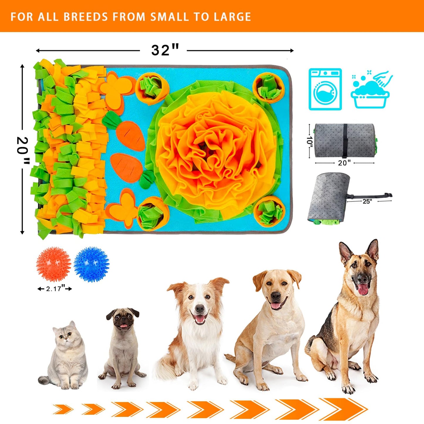 KVEXLIM Snuffle Mat for Dogs - Interactive Dog Feeding Mat with Squeaky Center & 2 Spikey Balls | Mental Enrichment Toy for Small, Medium, Large Dogs | Slow Feeder, Machine Washable, Non-Slip Base
