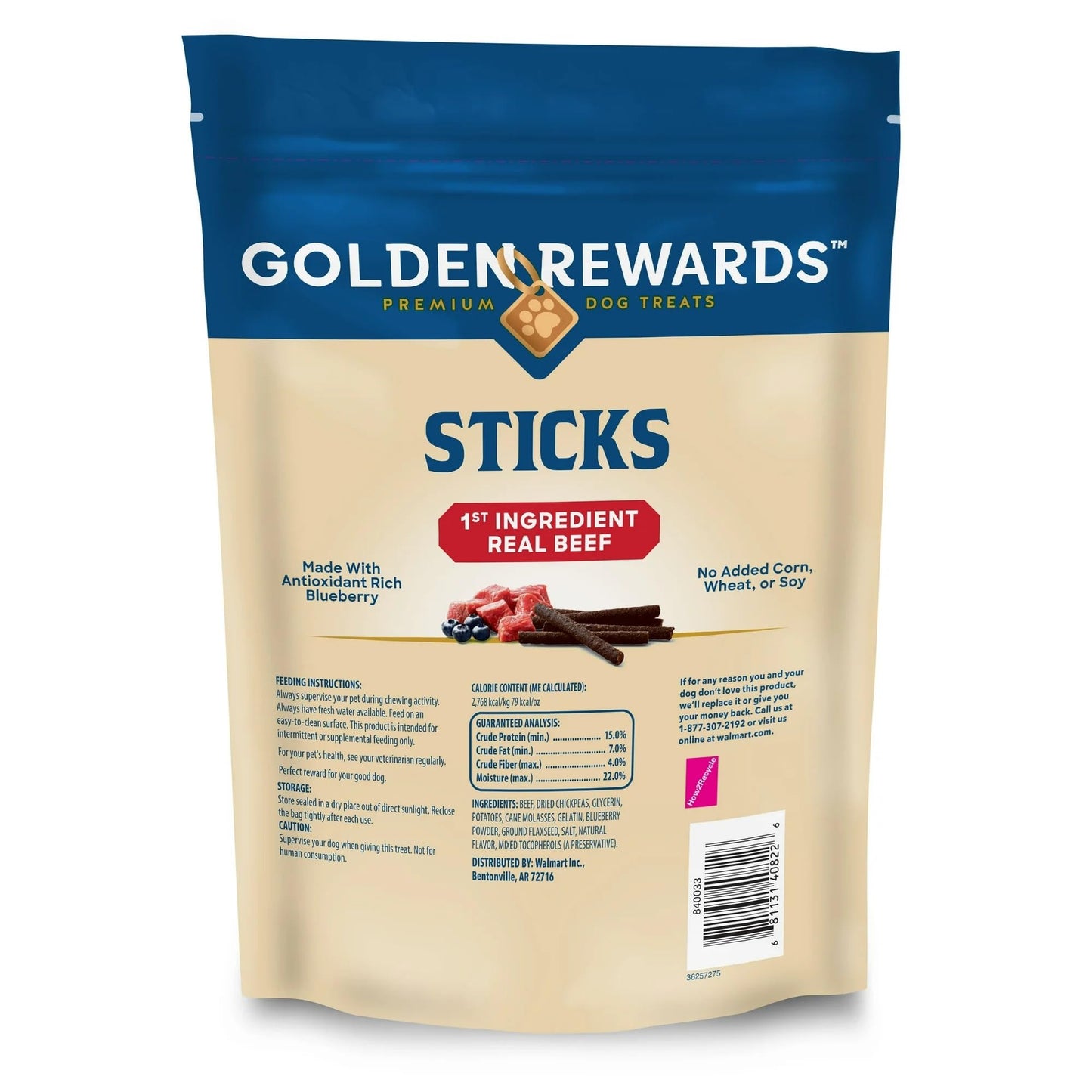 Golden|Rewards Dog Treats, Beef Sticks for Dogs, 24 oz Bag, First Ingredient Real Beef, Soft & Chewy Texture, No Corn Wheat or Soy, with Blueberry & Flaxseed, Great for Training & Daily Rewards