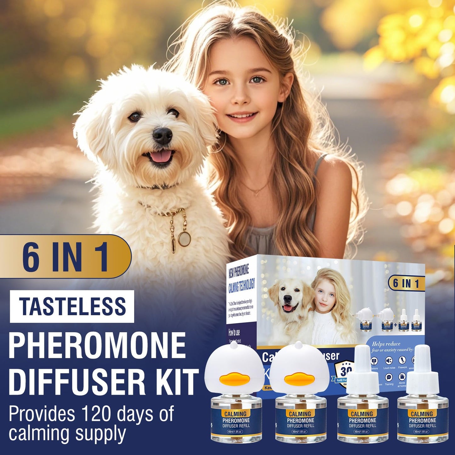 Dog Calming Pheromones Diffuser 6 in 1 Kit Appeasing Pheromone Diffuser to Calm (2 Plug in+4 Pack 48ml Refill) for Anxiety Relief Reduce Aggression Fighting Barking Stress 120 Day Supply(Tasteless)