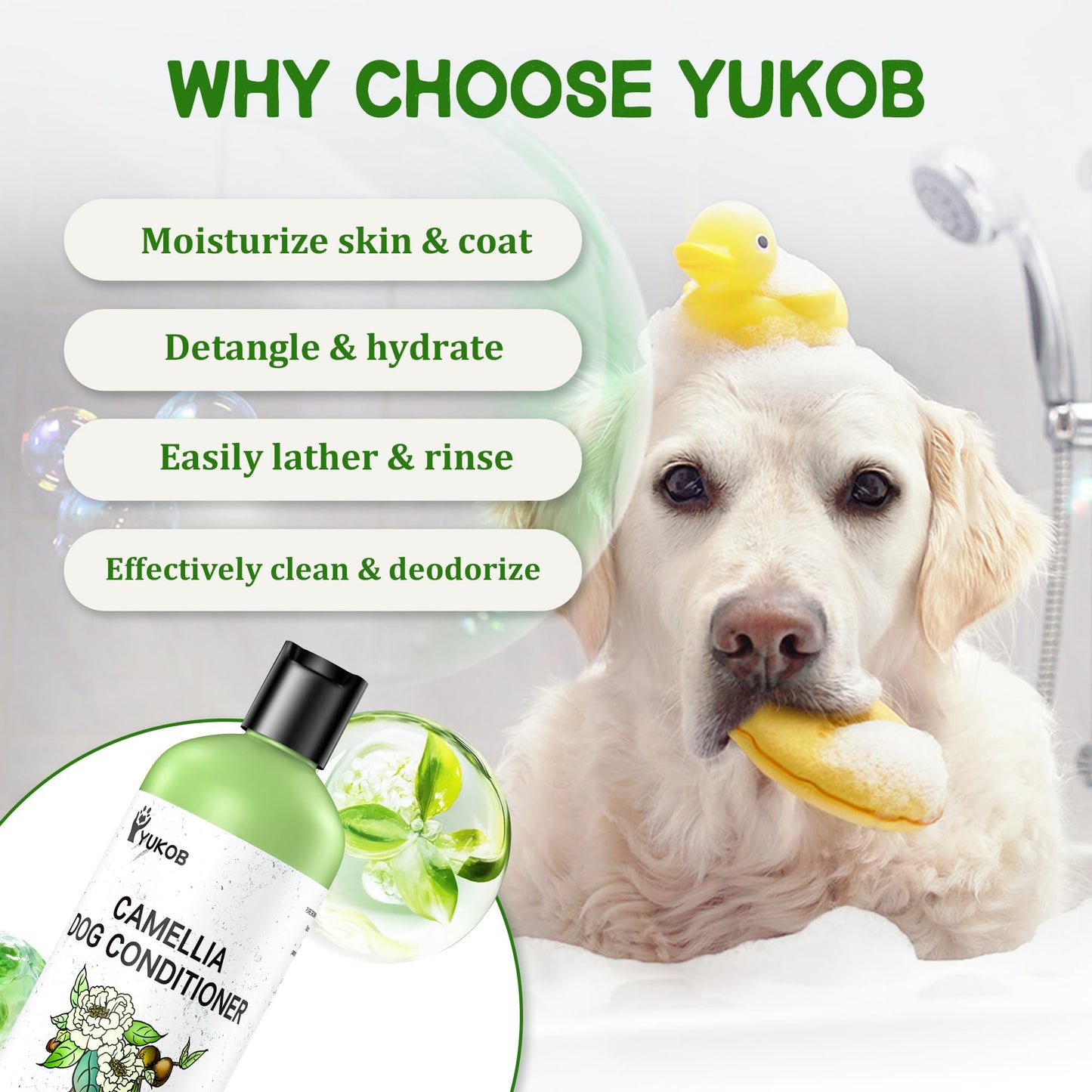 YUKOB Dog Shampoo for Allergies & Itching - Natural Camellia Oil Pet Shampoo for Sensitive Skin, Deshedding, Smooth Coat for Smelly Dogs |Effective Odor Removal | 16 oz