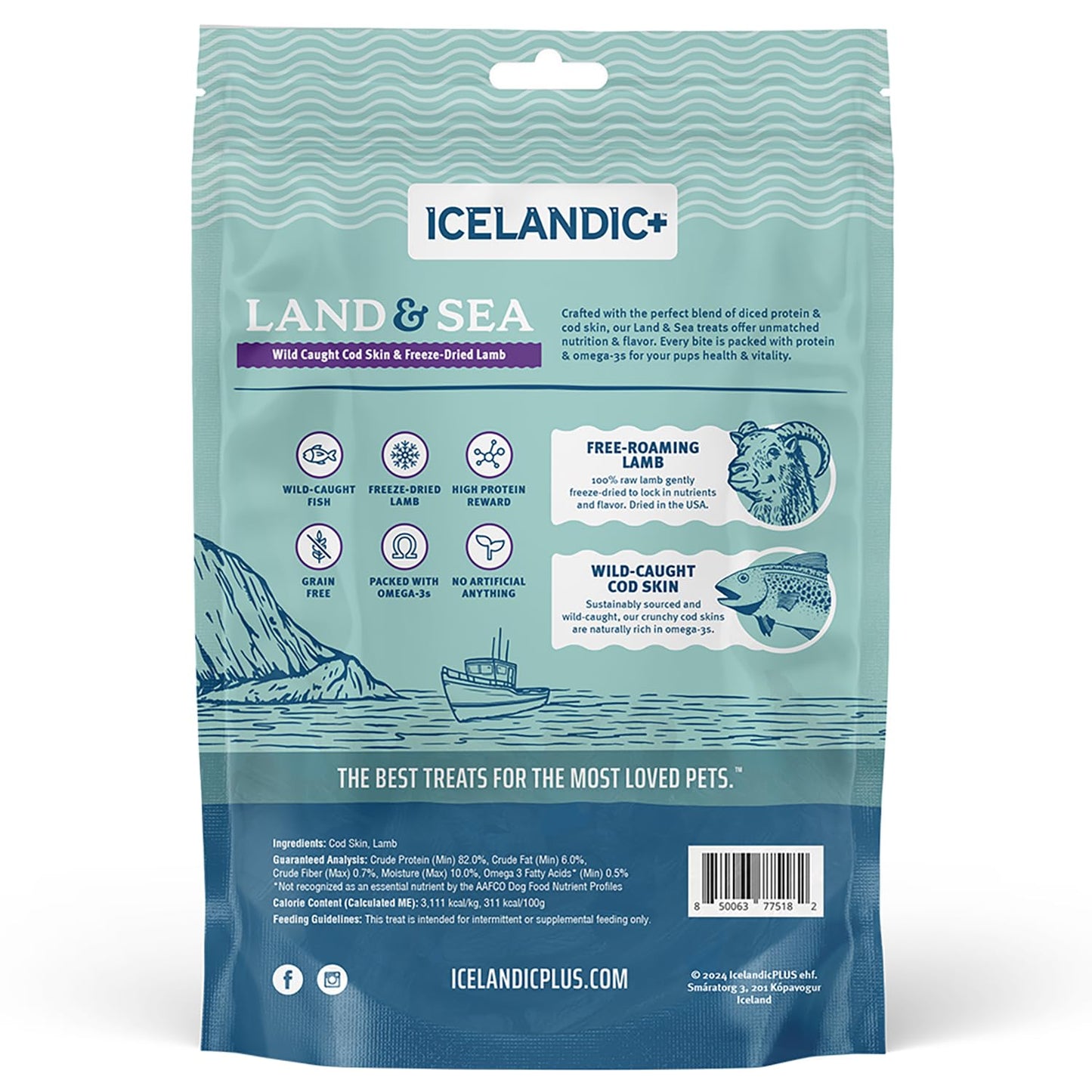 Icelandic+ Land & Sea Wild Caught Cod Skin & Freeze-Dried Lamb - 2.4oz Bag, Dog Treat & Food Topper, 2 Ingredients, No Preservatives, All Natural