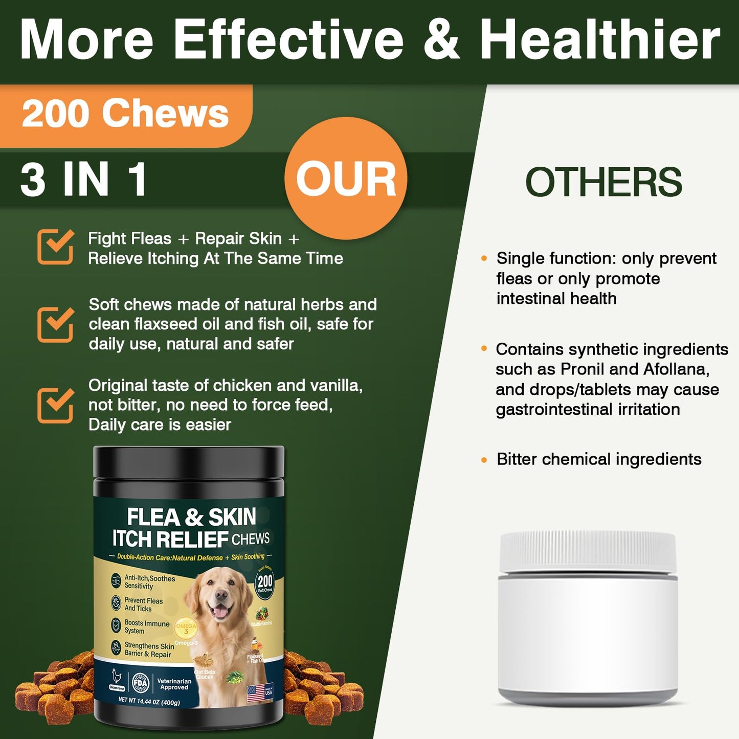 Dog Flea and Tick Prevention Allergy Chews Omega 3 for Dogs Treatment Chewable Natural Flea and Tick Skin and Coat Supplement Immune Dog Chews Yeast Relief Prevention for Dogs Itching and Licking