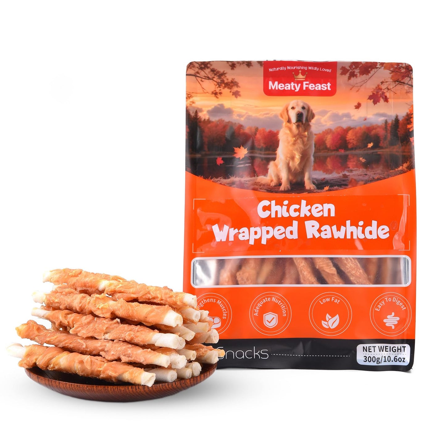 Chicken Wrapped Rawhide Sticks Dog Treats, Natural High Protein Pet Chew, Grain Free Training Snacks for Small Medium & Large Dogs, Long Lasting Rawhide Twists, 10.58oz