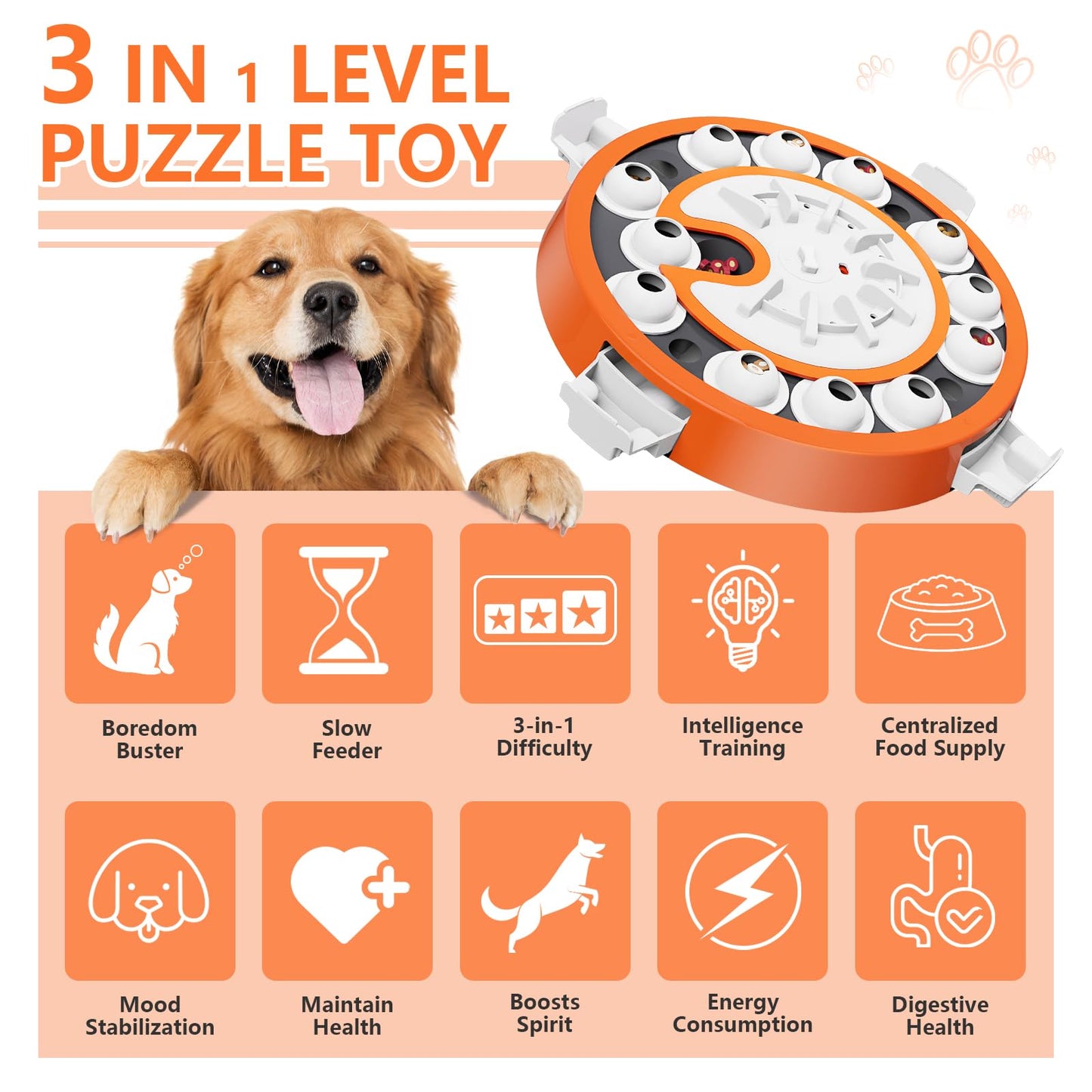Dog Puzzle Toy, Level 3 in 1 Brain Mental Stimulation Dog Puzzles for Smart Dogs, Interactive Treat Dispenser Cognitive Enrichment Toys Puppy Puzzle Game for Mind Boredom-13.31"x13.31" Orange