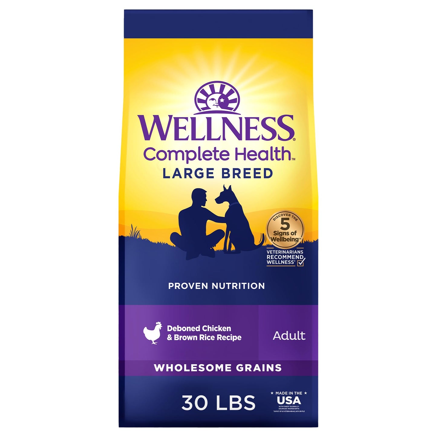 Wellness Complete Health Large Breed Adult Dry Dog Food, No Corn or Wheat, Made in USA with Real Meat, Natural Ingredients, Glucosamine, Probiotics & Omega Fatty Acids (30-Pound Bag)