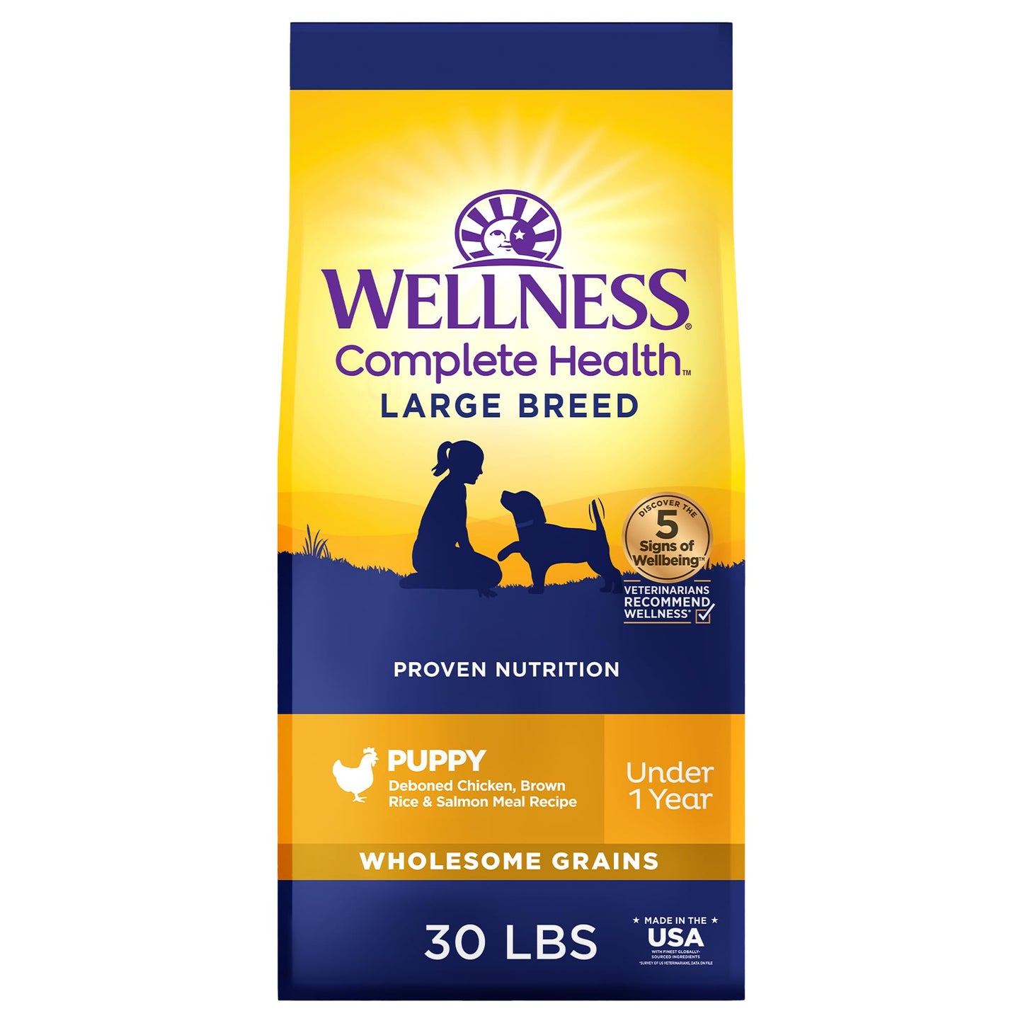 Wellness Natural Pet Food Complete Health Natural Dry Large Breed Puppy Food, Chicken, Salmon & Rice, 30-Pound Bag