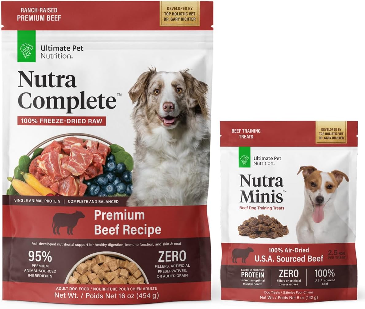 ULTIMATE PET NUTRITION Nutra Complete Freeze Dried Raw Dog Food 1 Pound Beef and Nutra Minis Beef Air Dried Treats for Dogs Bundle