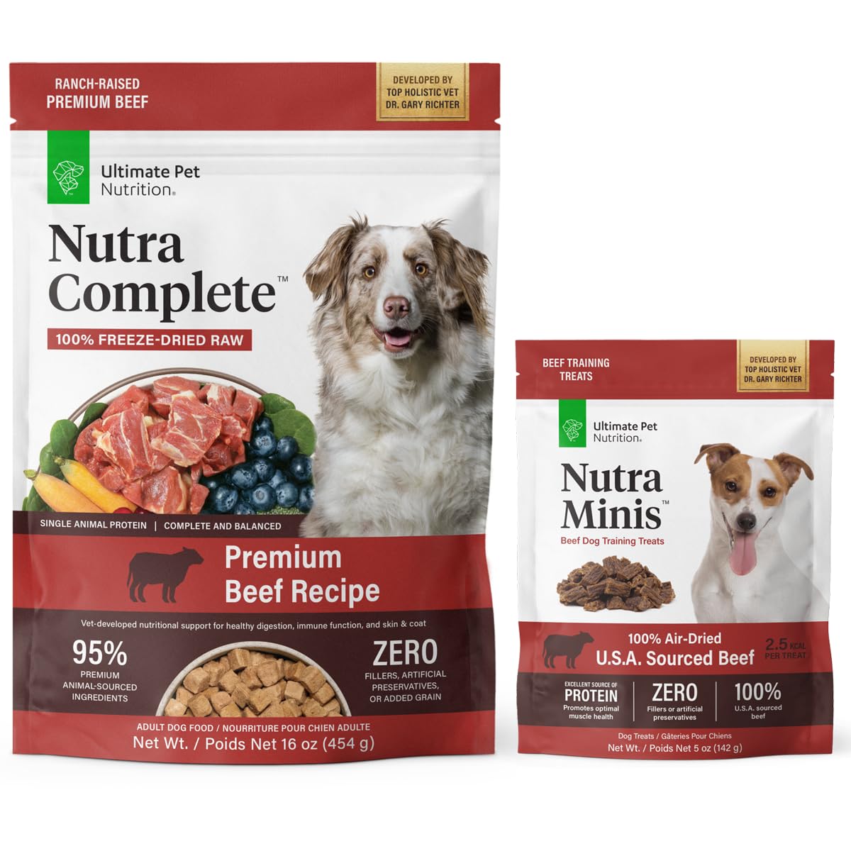 ULTIMATE PET NUTRITION Nutra Complete Freeze Dried Raw Dog Food 1 Pound Beef and Nutra Minis Beef Air Dried Treats for Dogs Bundle