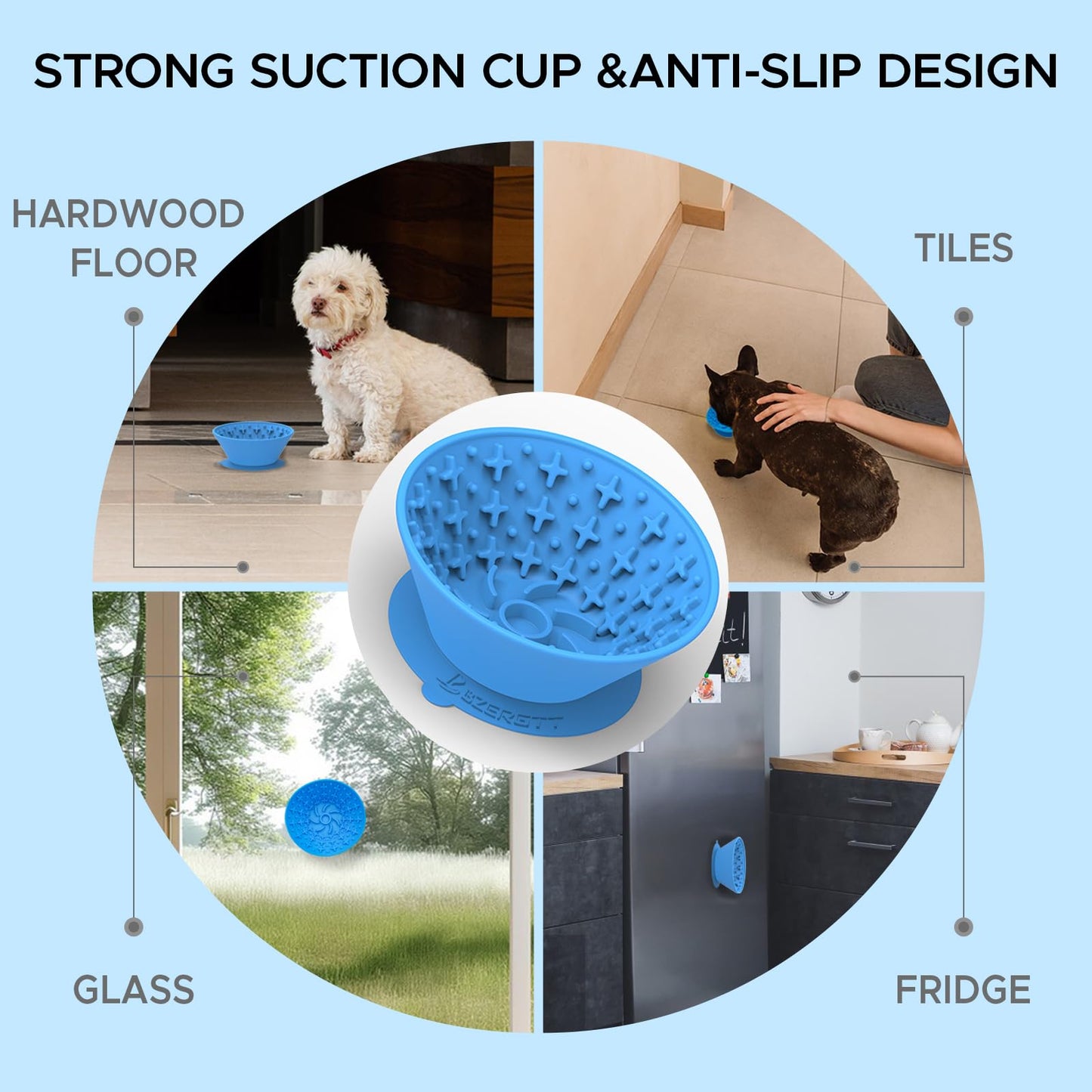 Dog Lick Bowl – Silicone Lick Mat for Dogs with Freeze Bone, Slow Feeder, Non-Slip Base, Includes Brush & Scraper, Large Opening for Anxiety Relief & Oral Health, Ideal for Frozen Treats (Blue)