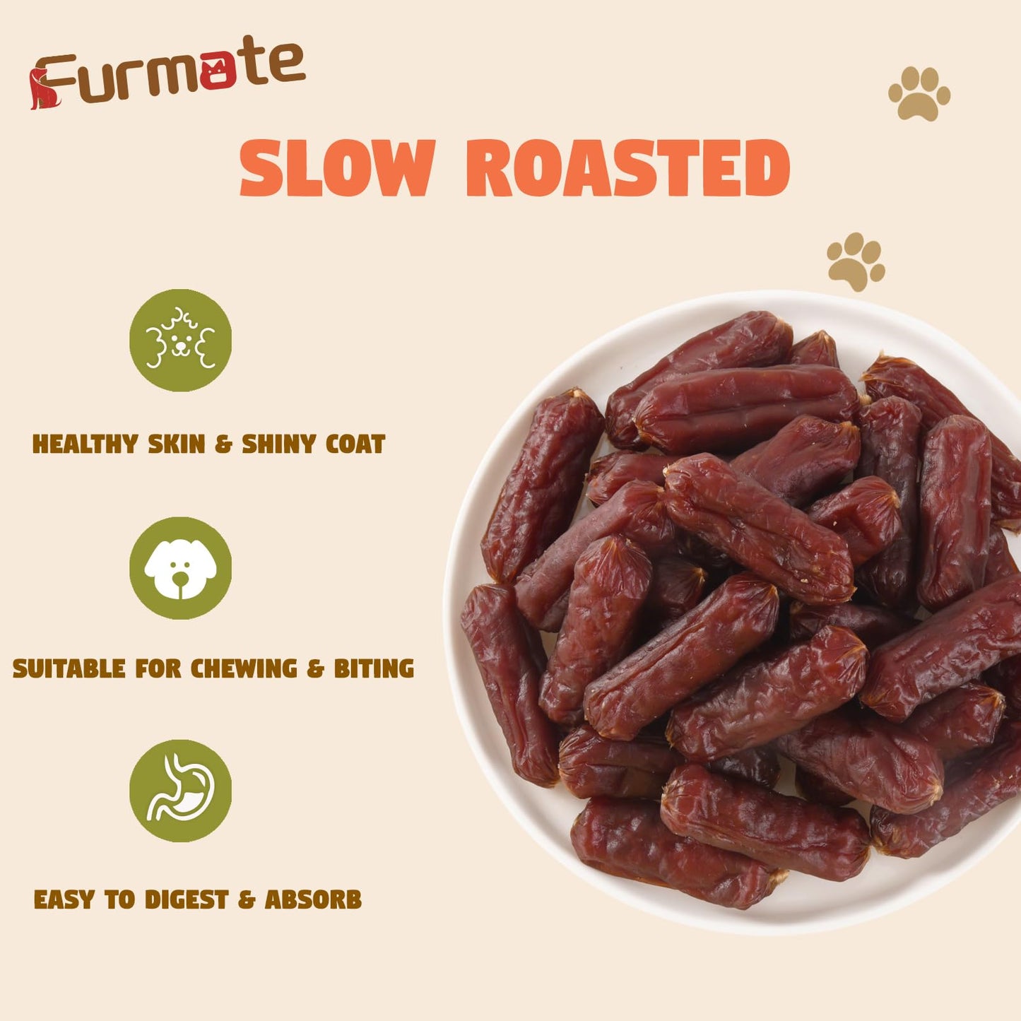 Furmate Soft Beef Sausage Dog Treats, Slow Roasted Beef Jerky for Dogs High Protein Low Fat, Grain-Free Gluten-Free Training Rewards Treats for Small Medium Large Dogs,10.58 oz