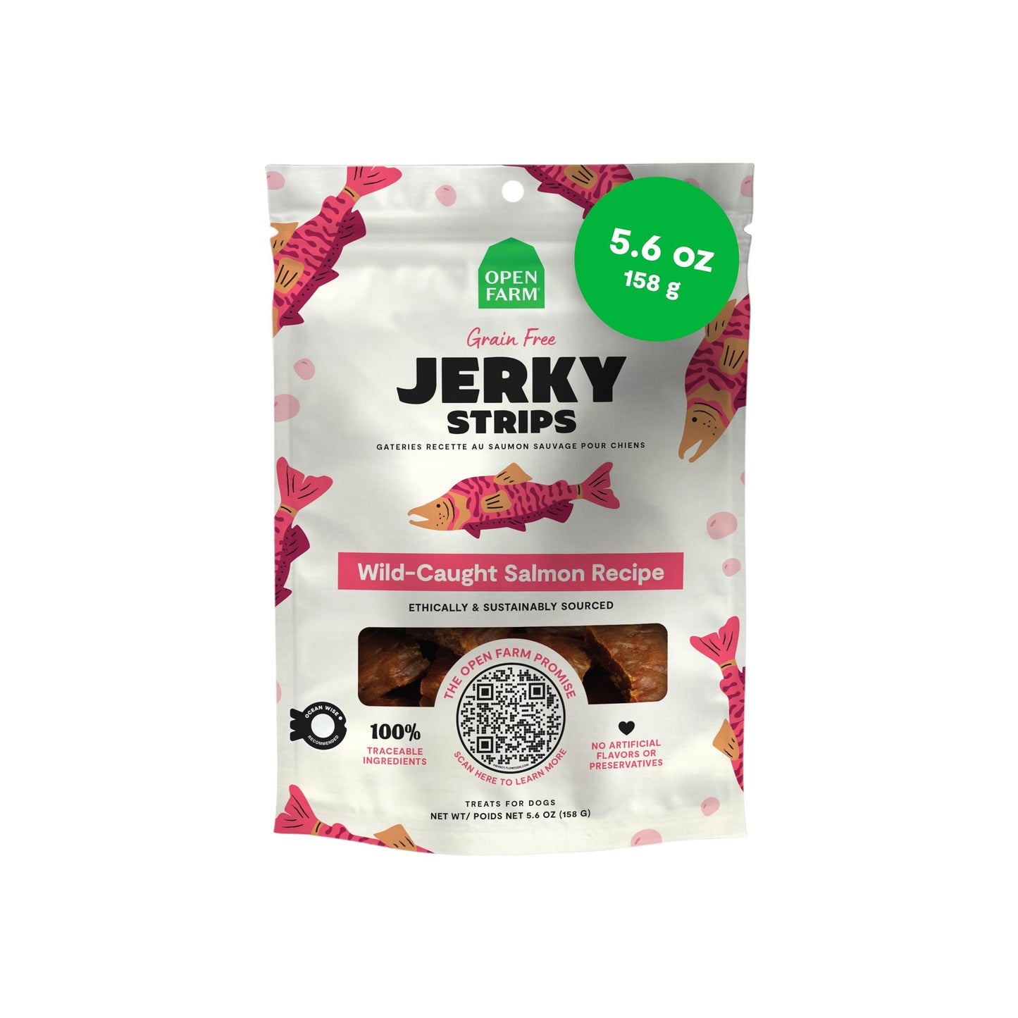 Open Farm, Dog Jerky Treats, Soft & Chewy Oven-Baked Jerky Strips Made with Ethically & Sustainably Sourced Ingredients, Protein Packed Dog Treats, Grain-Free Wild-Caugh Salmon Recipe, 5.6oz Pouch