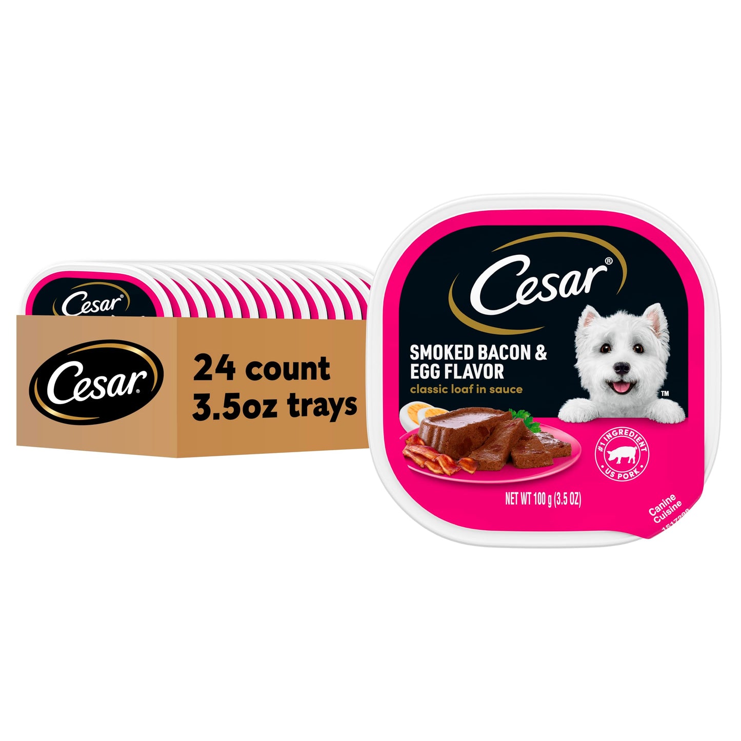 Cesar Wet Dog Food Classic Loaf in Sauce Smoked Bacon & Egg Flavor, 3.5 oz. Easy Peel Trays (24 Count, Pack of 1)