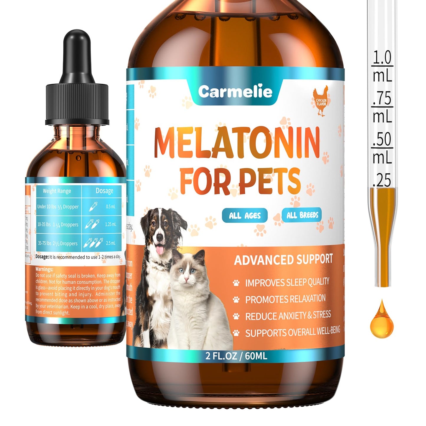 Melatonin for Pets, Dog Melatonin, Dog Sleep Supports, Melatonins for Cats, Supports Relaxation Dogs & Cat, Calm Behavior in Dogs, Helps Restful Sleep, Chicken Flavor 60ml