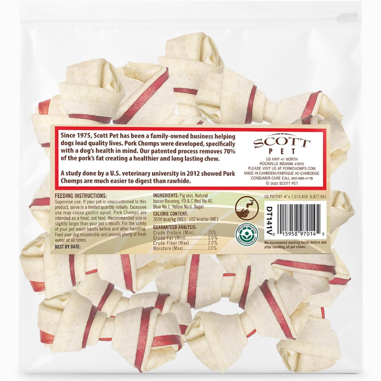 Pork Chomps Baked Pork Skin Dog Chews, 3-inch Knots, with Bacon Flavor Strip, 18 Count