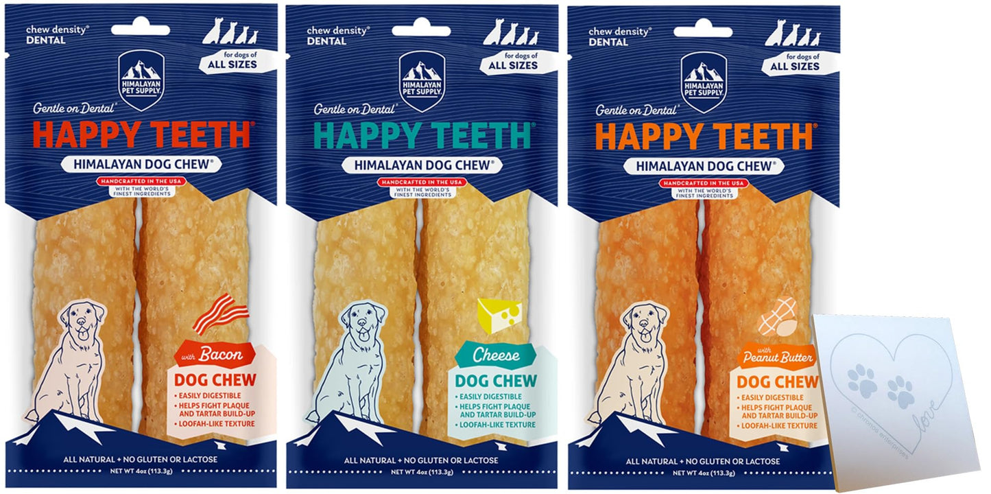 Himalayan Dog Chew Happy, Soft, Natural Dental Treats – Gluten, Grain & Lactose Free – Bacon, Cheese & PB Flavors – 2 Each, 6 Total – Safe, Protein-Rich, Soft Density Chews