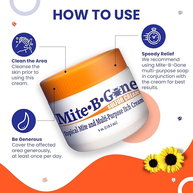 Mite Cream & Bite Relief - 10% Natural Blend Sulfur Cream for Multi-Purpose Bites, Redness, Itching, & Irritation | Safe for Kids and Adults | Fast & Effective for All Skin Types| 8 oz