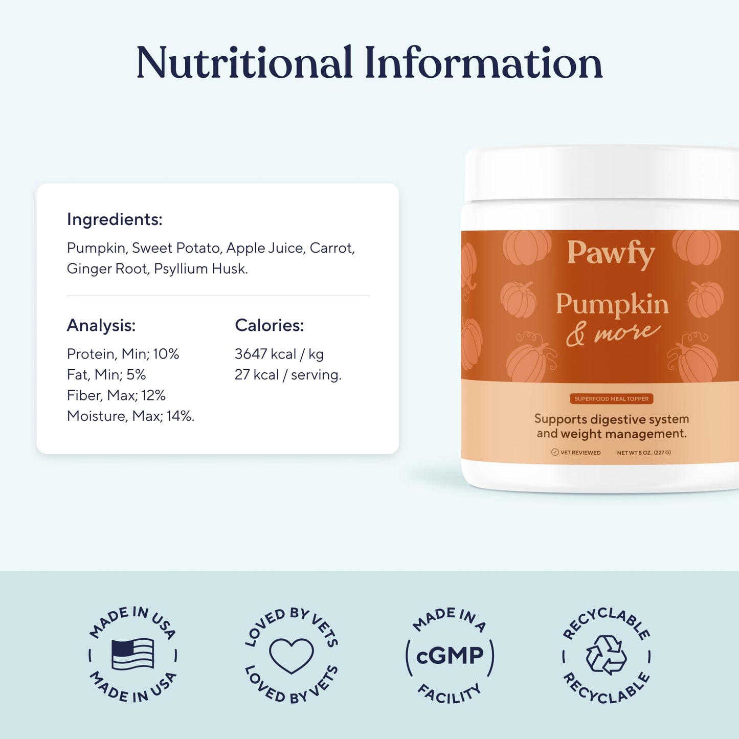 Pawfy Pumpkin for Dogs - Natural Fiber Supplement | Organic Pumpkin Powder for Dogs with Digestive Support | Supports Stomach Healthy Digestion - 100% Pumpkin Puree Fiber