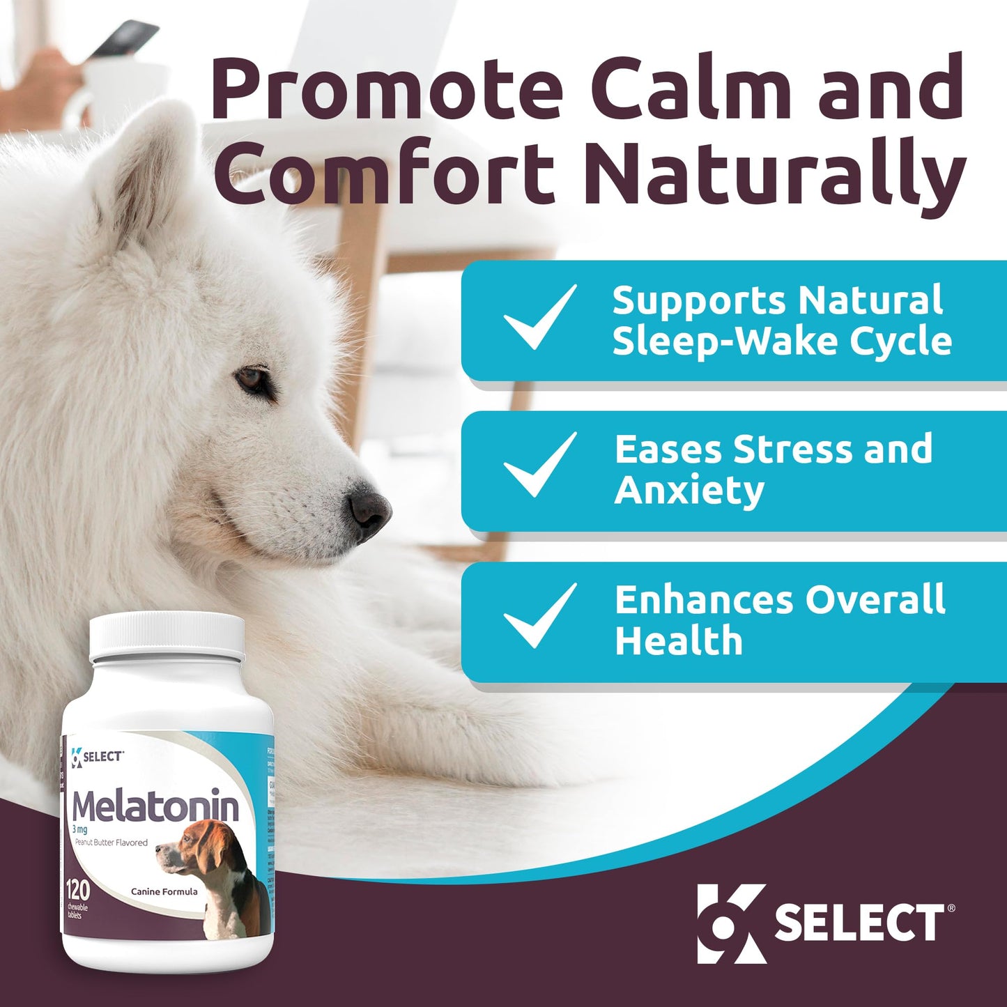 K9 Select Melatonin for Dogs - Calming Aid - Adrenal Support Sleep Aid - Reduce Stress, Pet Melatonin Treats for Medium Sized - 3 mg, 120 Peanut Butter Flavored Tablets