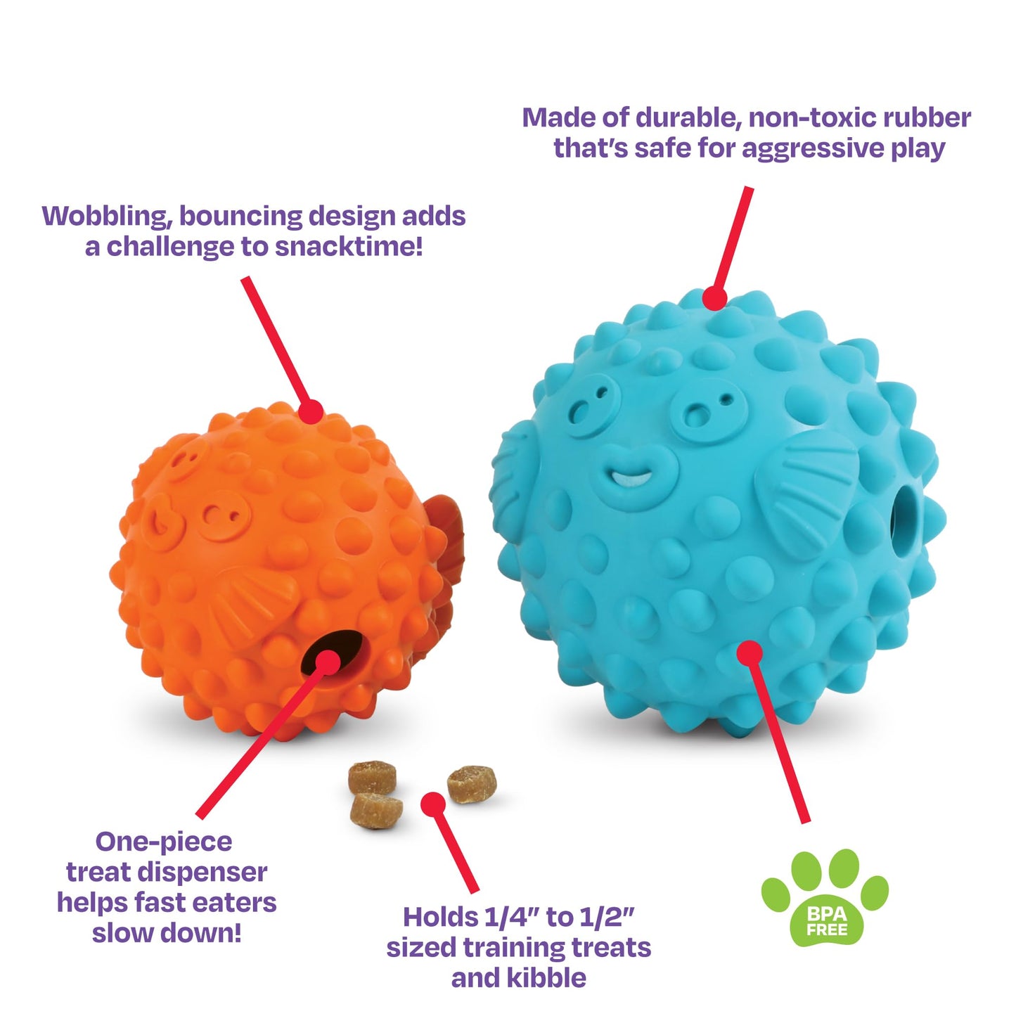 Brightkins Tough & Tumble Treat Dispenser Small Pufferfish - BPA Free Enrichment Dog Toys for Aggressive Play, Gift for Puppies