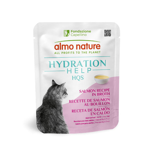 almo nature HQS Hydration Help - Wet Cat Food - Salmon Broth with Salmon Fillet, Flake and Broth - Wet Cat Food for Adult Cats - Additive Free, Grain Free - Pouches, 1.77oz (Pack of 12)