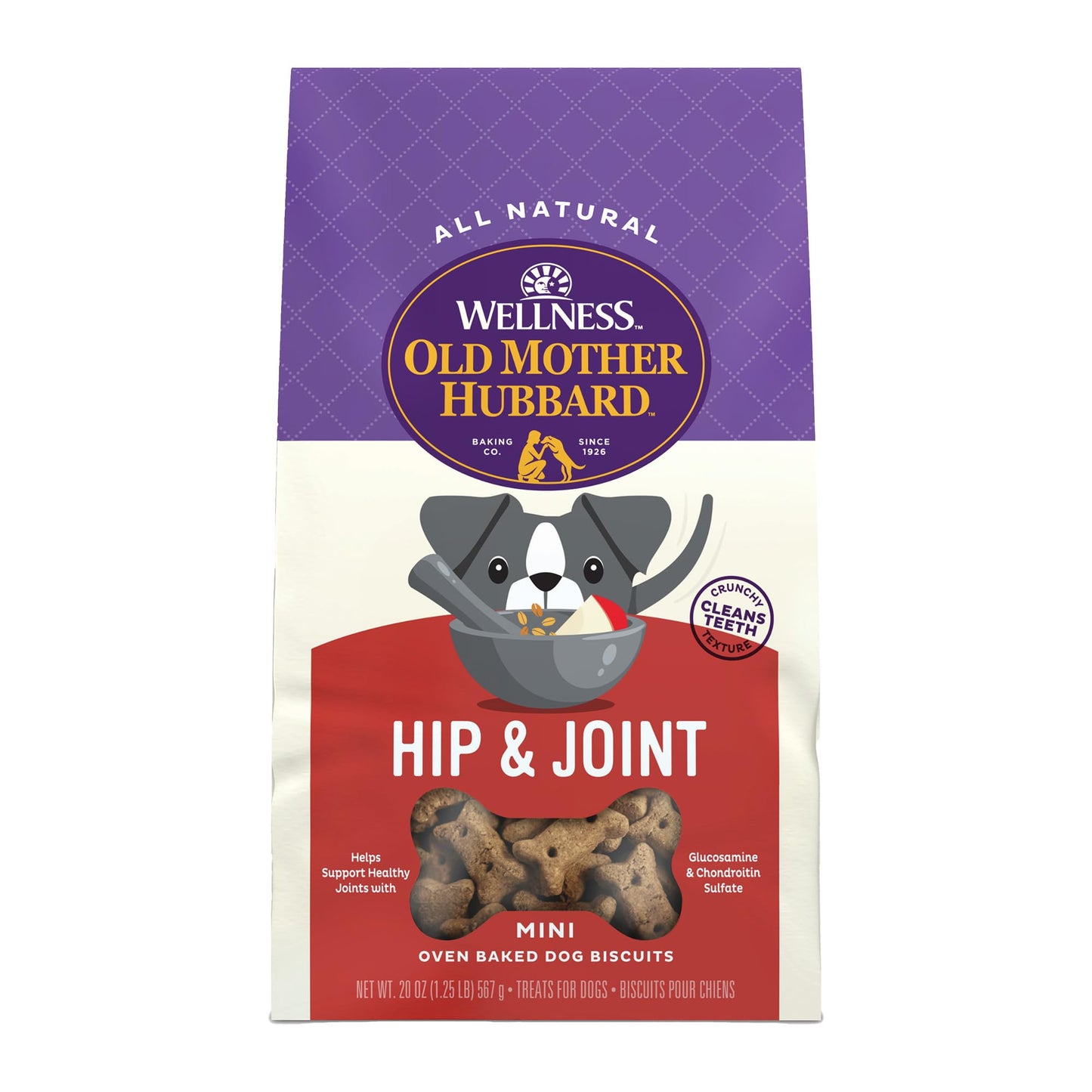 Old Mother Hubbard Wellness Hip & Joint Dog Biscuits, Natural, Training Treats, Chicken, Apples, Oats, and Carrots Flavor, Mini Size, (20 Ounce Bag)