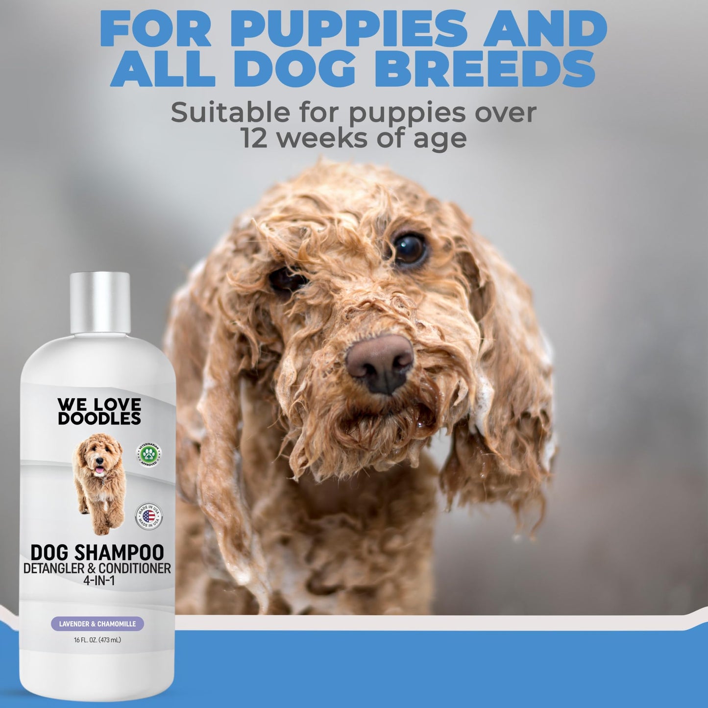 We Love Doodles Dog Shampoo, Conditioner, & Detangler - Shampoo for Dogs, Goldendoodles, Poodles & Doodles, for Matted Pet Hair & Sensitive Skin, Made in The USA, Lavender, 16 oz