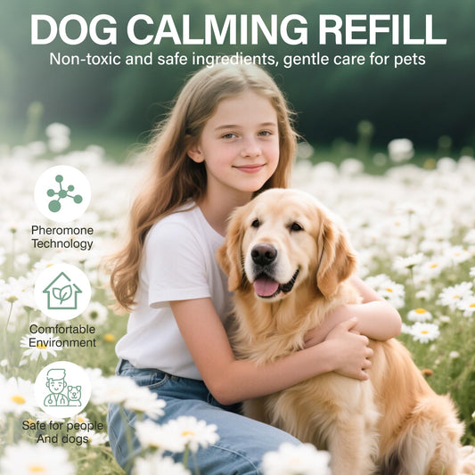 Dog Calming Pheromones Diffuser 4 in 1 Appeasing Relaxing Diffuser with Timing Function Pet Kit (2 Plug in +2 Refill 48ml) for Anxiety Relief Reduce Aggression Barking Fighting Stress (Tasteless)