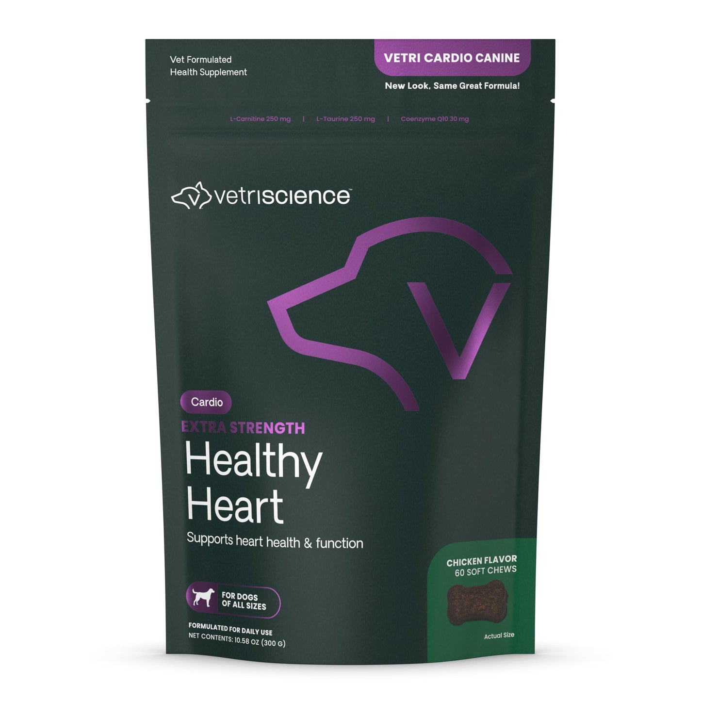VetriScience Extra Strength Healthy Heart Chews, Vetri Cardio Supplement for Dogs, Heart Support Supplement with Taurine, Carnitine, CoQ10, Hawthorn and Berberine, Chicken, 60 Count
