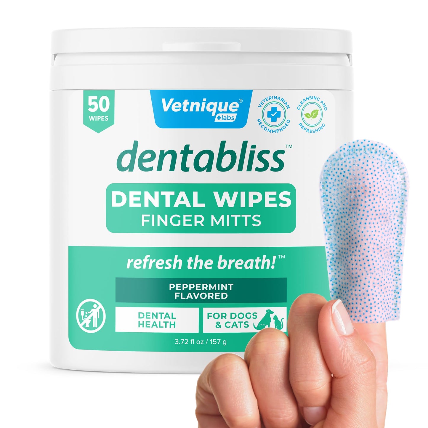 Vetnique Dentabliss - Dog Teeth Cleaning Finger Mitt Dental Wipe - Dog Plaque & Tartar Prevention with Brushing Beads - Flavored Dog Teeth Wipes, Dog Breath Freshener (Peppermint)