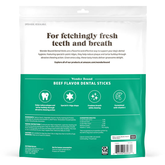 Amazon Brand - Wonder Bound Beef Flavor Dental Sticks for Large Dogs (Over 30 lbs), 6-Ridge Shape for Plaque & Tartar Control, Freshens Breath, Formulated with Vitamin C, 40 Count (Pack of 1)