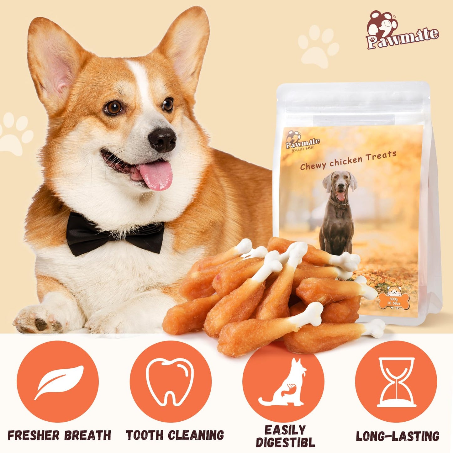 Pawmate Dog Treats Chicken Wrapped Calcium Bone, Rawhide-Free Grain-Free Training Treats for Dogs Teeth Cleanning Breath Fresh Dog Chewy Snacks for Medium Large Dogs 10.6 oz, 18-19 Counts