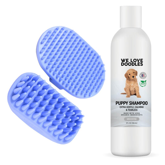 We Love Doodles Puppy Shampoo & Conditioner and Bath Brush | Organic Ingredients | Sensitive & Itchy Skin Wash | Puppy Grooming Accessories for Shower Scrubbing & Soothing Massage | Made in USA