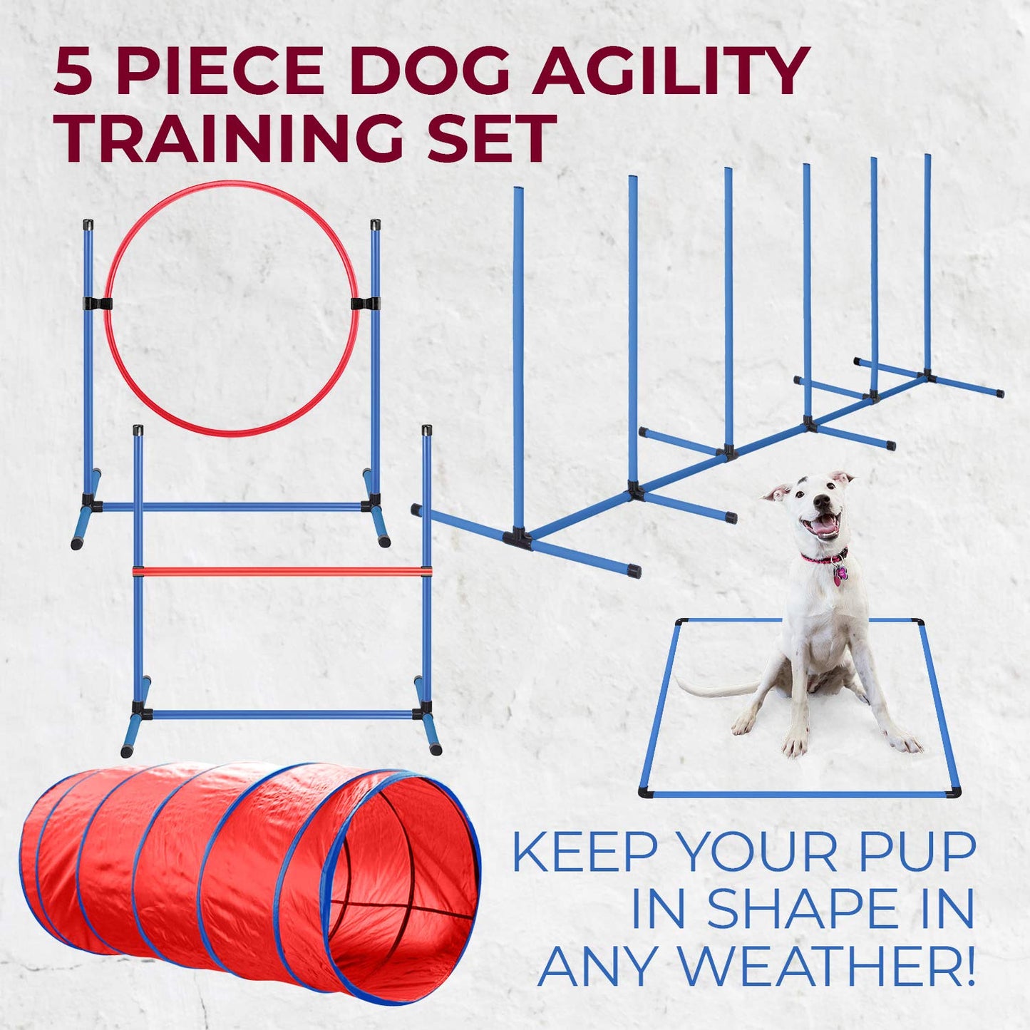 CHEEERING PET Premium Agility Set, 5-Piece Dog Training Kit - Tunnel, Jump, Hoop, Weave Poles, Easy-Carry Case for Indoor/Outdoor Use