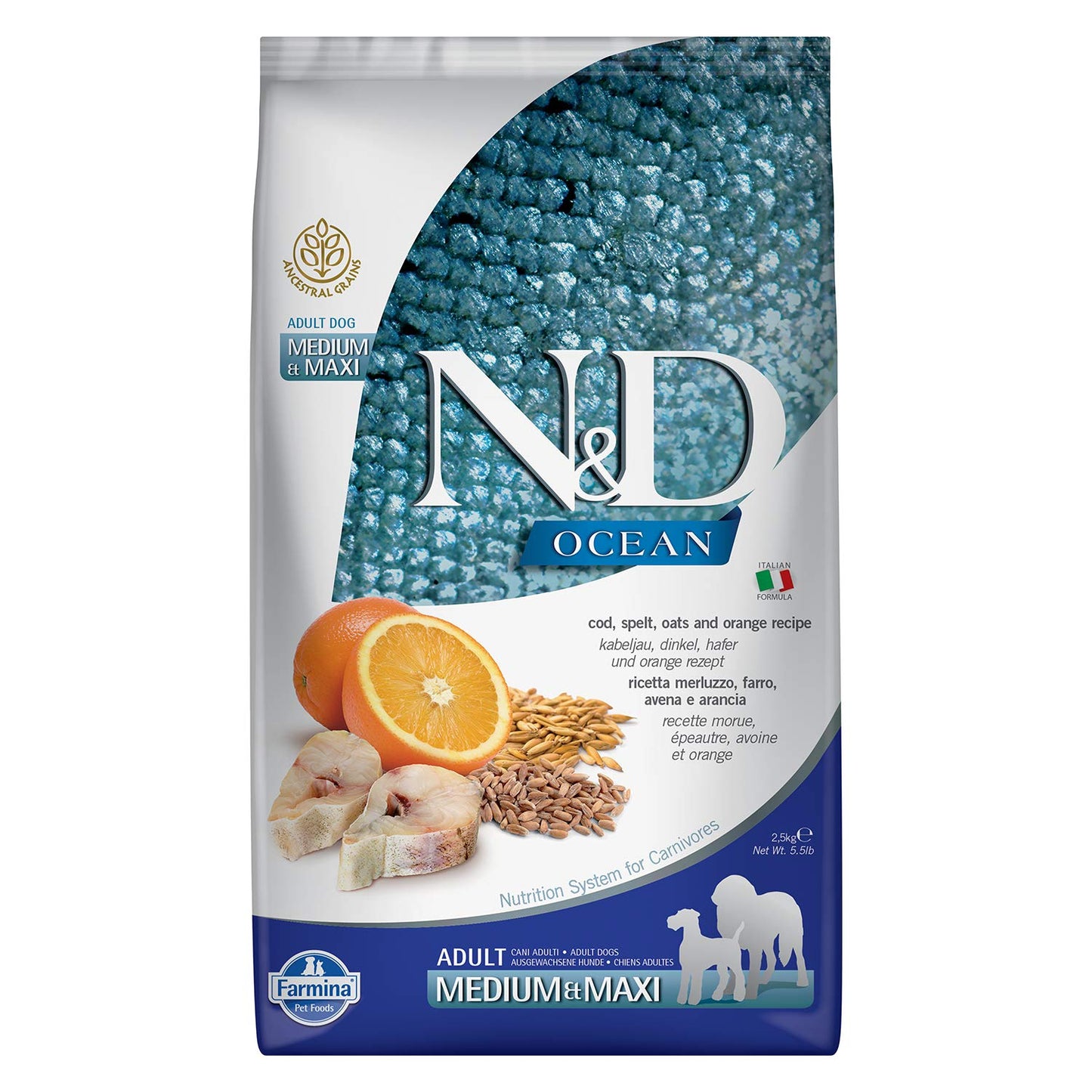 Farmina N&D Ocean Dog Dry Med/Maxi Cod Spelt Oats Orange 5.5 Pounds