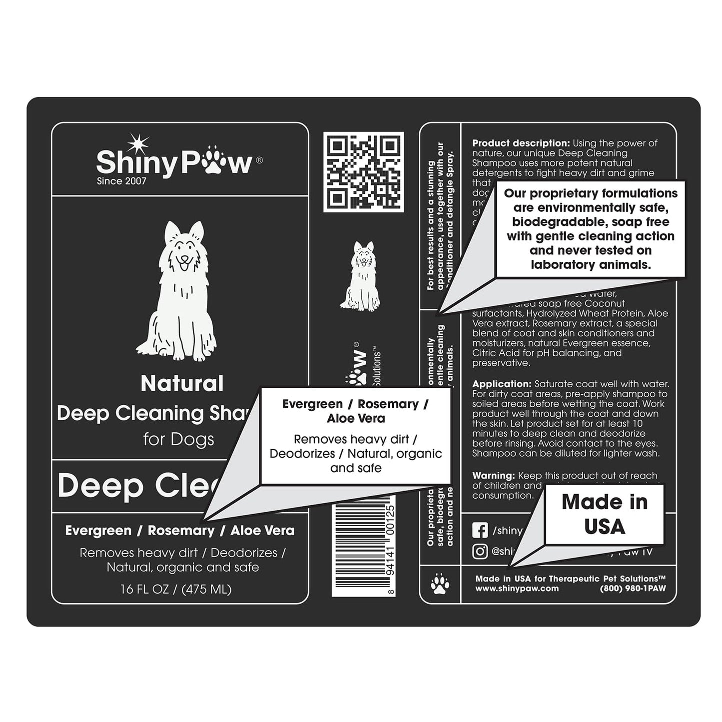 Shiny Paw Natural Deep Cleaning Organic Dog Shampoo 16 oz | Dog Itching Skin Relief with Evergreen, Aloe & Rosemary | Natural Dog Shampoo for Smelly Dogs