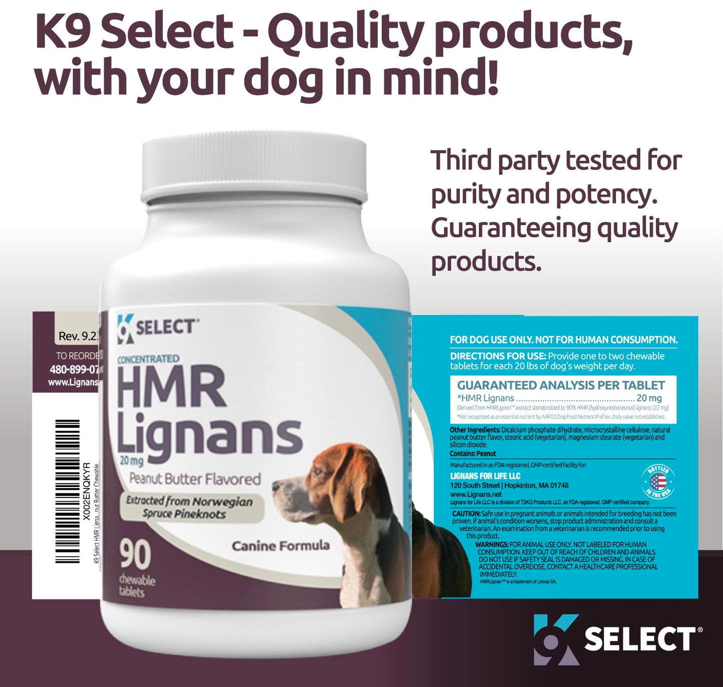K9 Select Peanut Butter Bundle: HMR Lignans for Dogs (20mg, 90 Tablets, Norway Spruce Extract) & Melatonin for Dogs (6mg, 120 Chewables) - Digestion, Coat Care, & Cycle Pattern, Medium & Large Breeds
