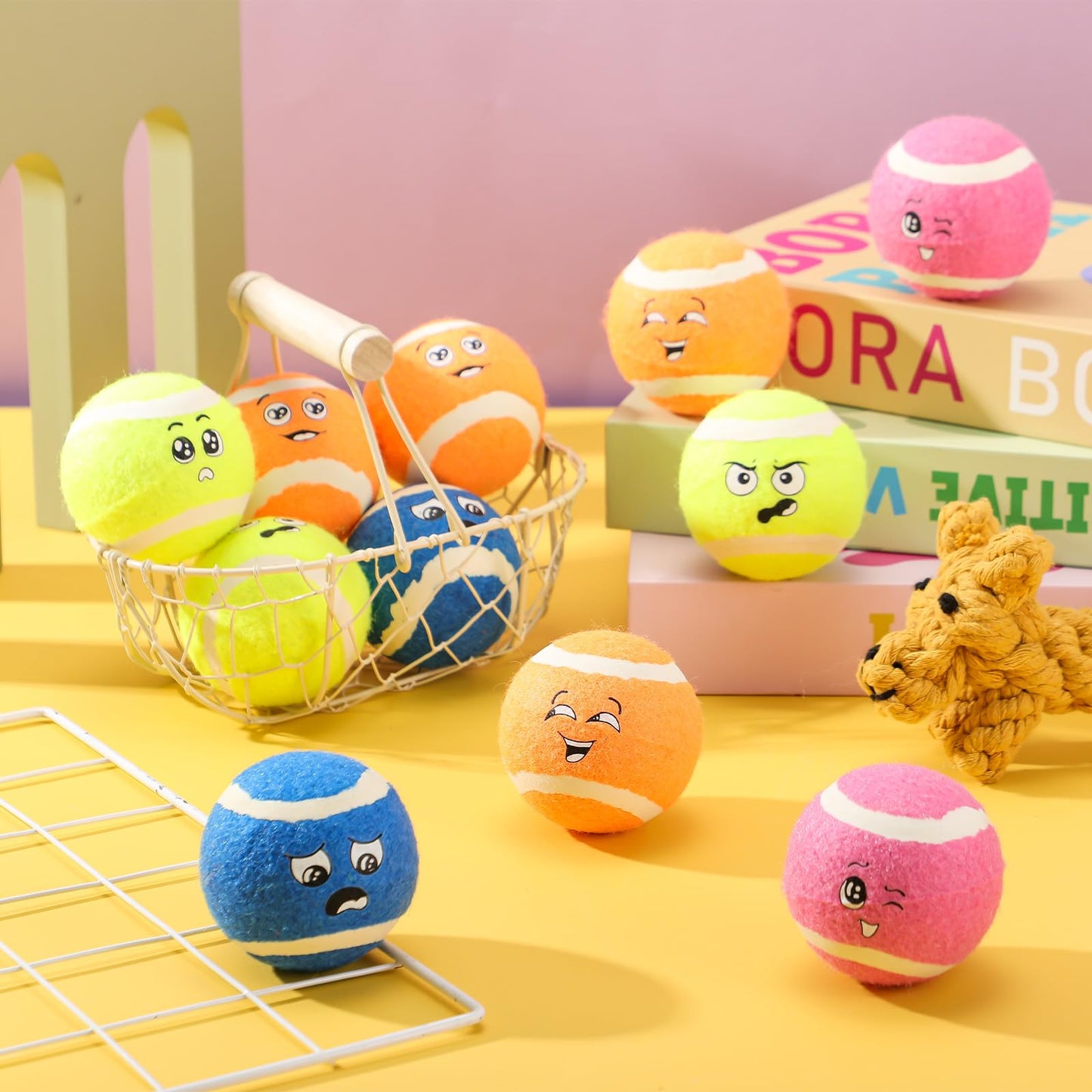 Suilung 12-Pack Smile Face Dog Tennis Balls Squeaky Toys for Medium Dogs, Sturdy Rubber Dog Toys for Outdoor Throw and Fetch, Safe Interactive Training Balls, Pet Exercise Toy (Multicolor)