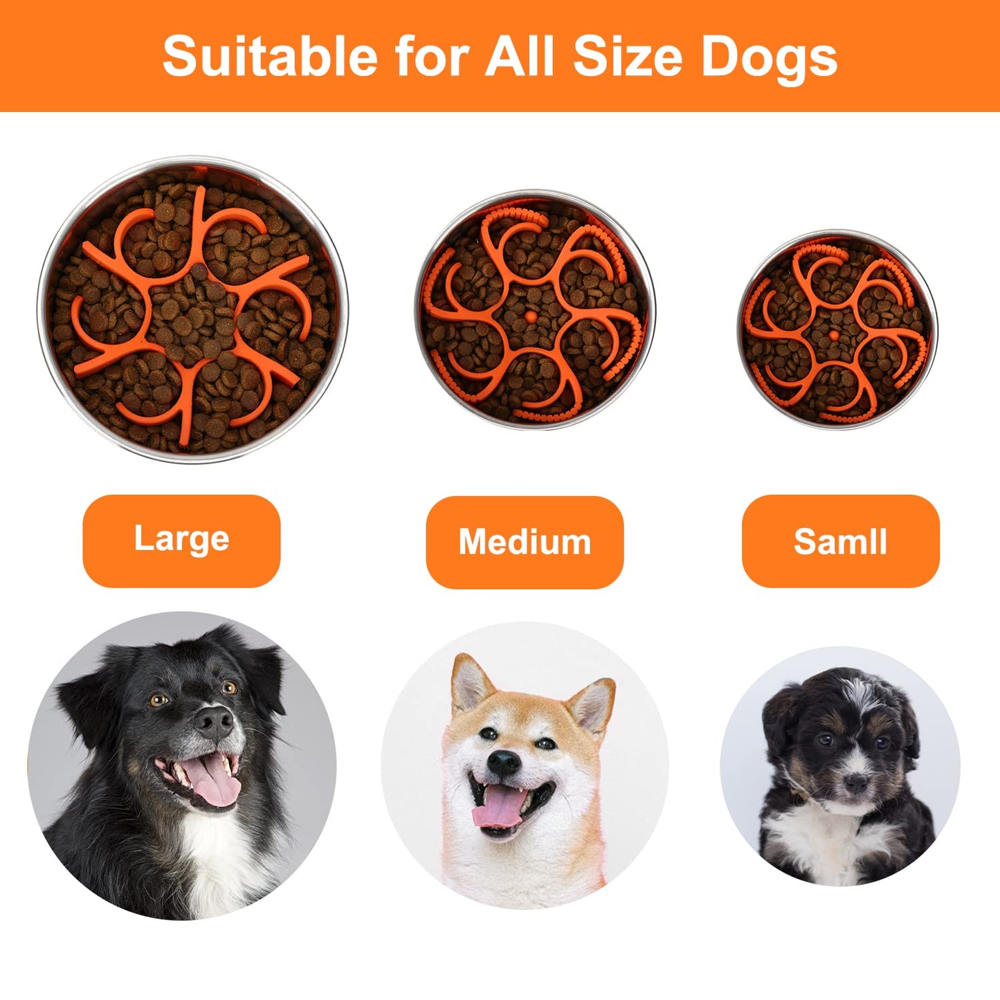 Anipaw Dog Slow Feeder Bowls Silicone Spiral Pet Food Feeder Insert to Slow Down Eating for Large Medium Small Breed Dogs Perfect with Stainless Steel Glass Ceramic Pet Bowls (Orange)