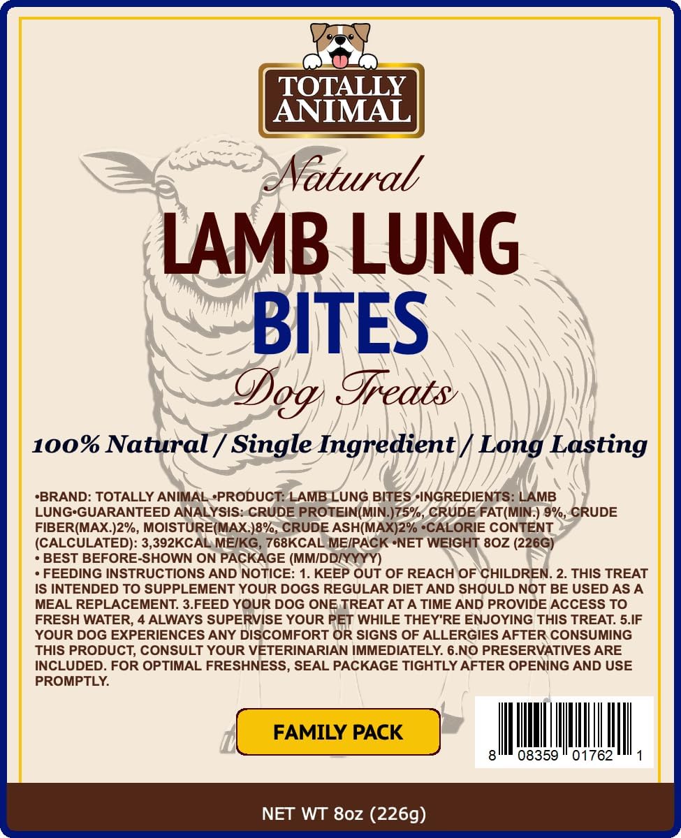 Totally Animal Lamb Lung Bites Dog Chew Treats – 8 oz Bag – All Natural, Single Ingredient, High Protein Training Treats for Dogs – Grain-Free Chews for All Breeds