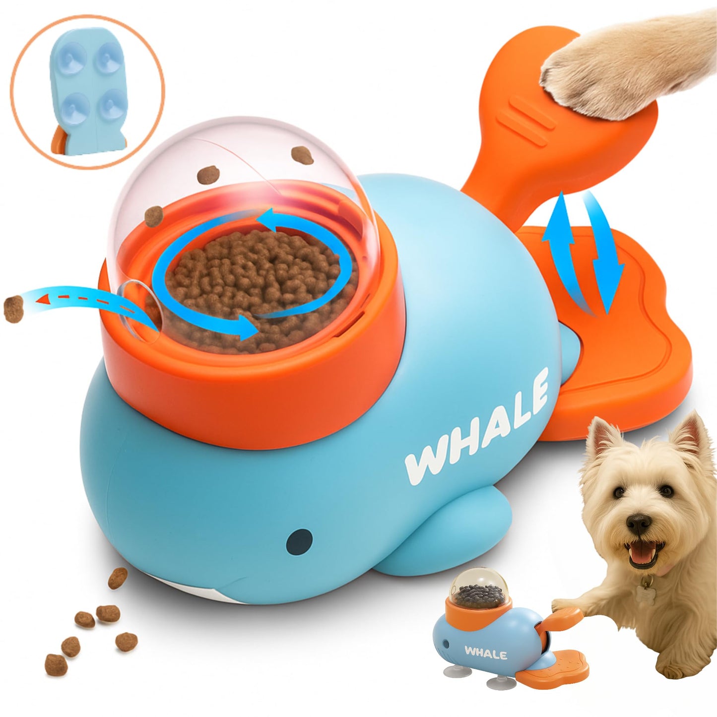 Slow Feeder Dog Balls Puzzles for Smart Dogs Interactive Dog Toy Whale-Shaped Treat Dispenser for Small & Medium Dogs, Durable Non-Toxic Food-Grade Design + Suction Cups