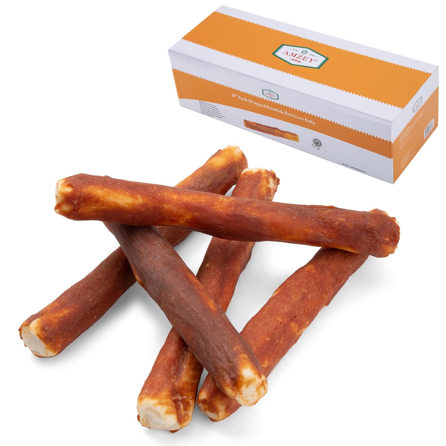 Amzey 10" Rawhide Retriever Rolls Dog Chews Treats, Duck Wrapped Rawhide Bones Long-Lasting for Large Dogs 50lbs Up, All Natural Duck Basted Dog Rawhide Chews, 5 Count