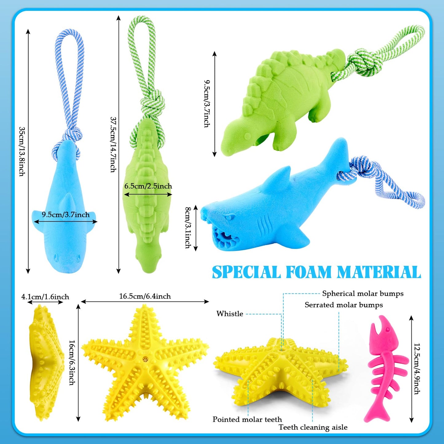 WinnerWhy 4 Pack Floating Dog Toys for Aggressive Chewers Summer Interactive Fetch Games Natural Teeth Cleaning for Small Medium Dogs Shark Dino Fish Starfish Set