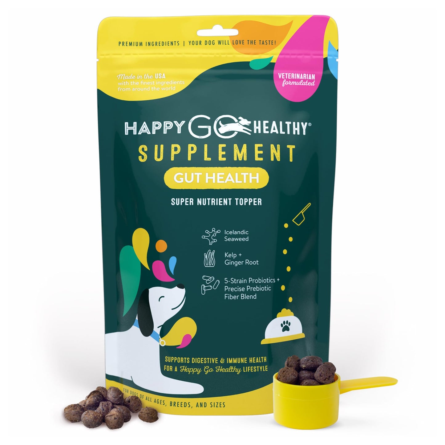 Happy Go Healthy Dog Gut Health Probiotics Supplement | Improves Digestive Health and Immune System Support for Dogs and Puppies | All Natural Ingredients Tasty Kibble Dog Food Topper | 60 Count Pack