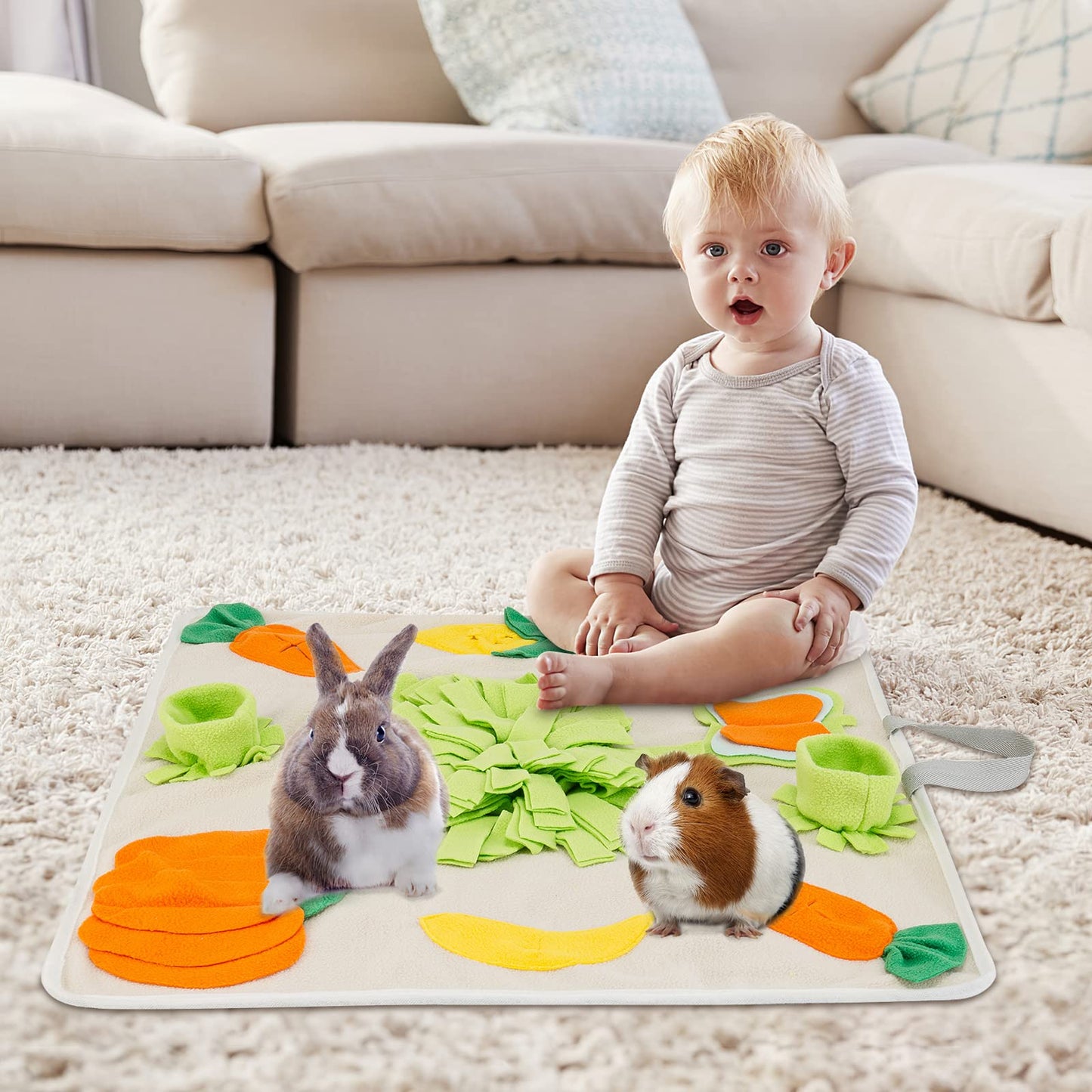TWOPER 24''x24'' Rabbit Foraging Mat with Handle Pet Snuffle Mat Interactive Feed Game Treat Dispenser for Dogs Rabbits Bunny Guinea Pigs Ferrets Chinchillas, Beige