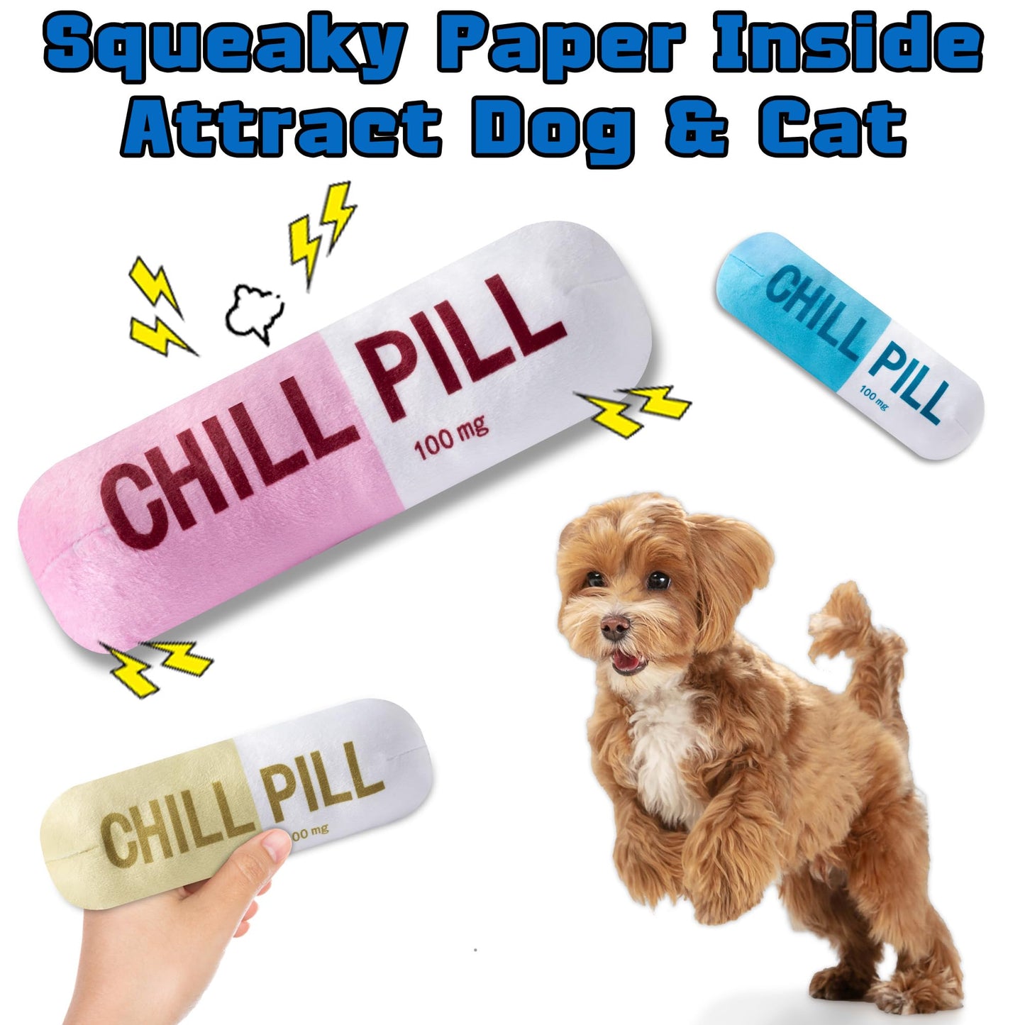 CUweipeng Squeaky Dog Chew Toys - 3Pcs Chill Pill Capsule Teething Squeak Small Plush Dog Toy Keep Them Busy Aggressive Chewers Bite Kick Interactive Training Play Pet Lover Gifts Present Photo Props
