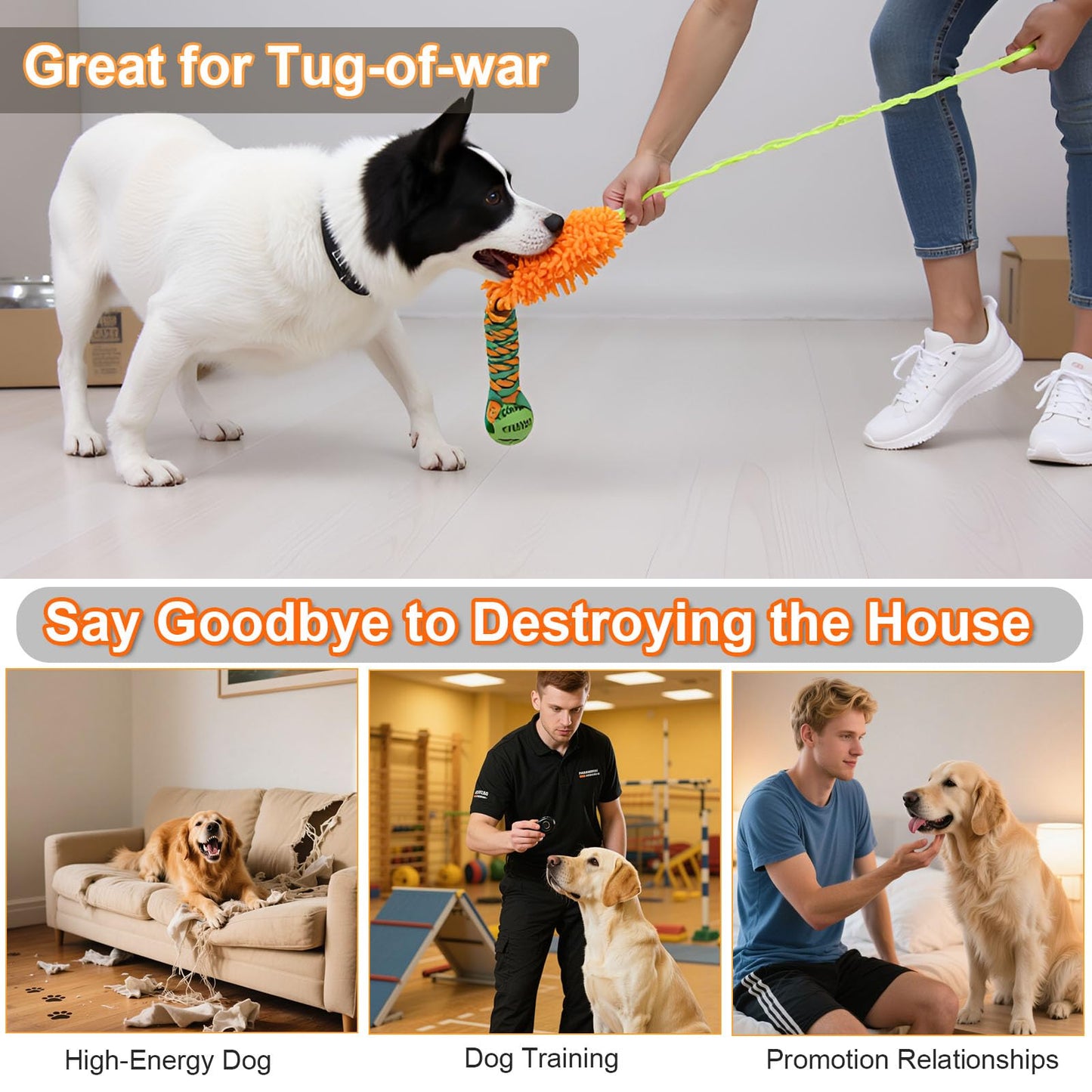 kmirepa Dog Tug Toy - Interactive Dog Tug of War Toy for Aggressive Chewers, Stretchy Bungee Handle, Strong Squeak Rope Toy for Large Dogs, Puppies, Middle Dogs(Orange)