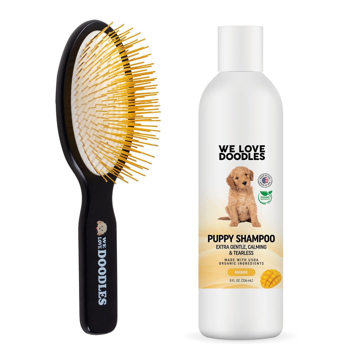 We Love Doodles Puppy Shampoo & Conditioner and Pin Brush | Oatmeal Bathing | Sensitive & Itchy Skin Wash | Brush for Grooming Pet Hair | Brush for Shedding and Removing Loose Fur | Made in USA