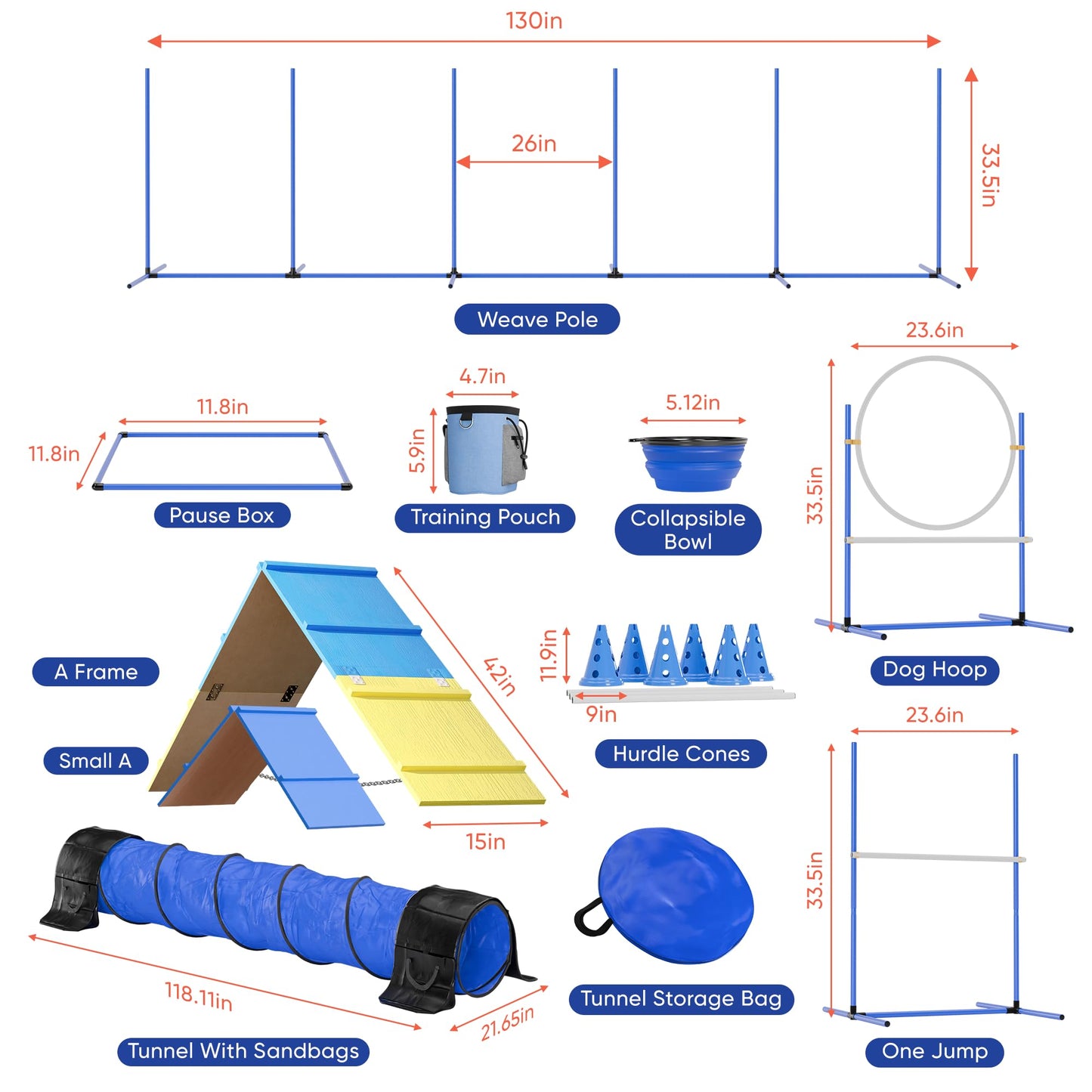 FetchFlow Dog Agility Training Equipment – Complete Backyard Agility Course Set w/Adjustable A-Frame Ladder, Weave Poles, Cones, Jump Hoop, Tunnel & Sandbags – Outdoor Dog Playground Kit