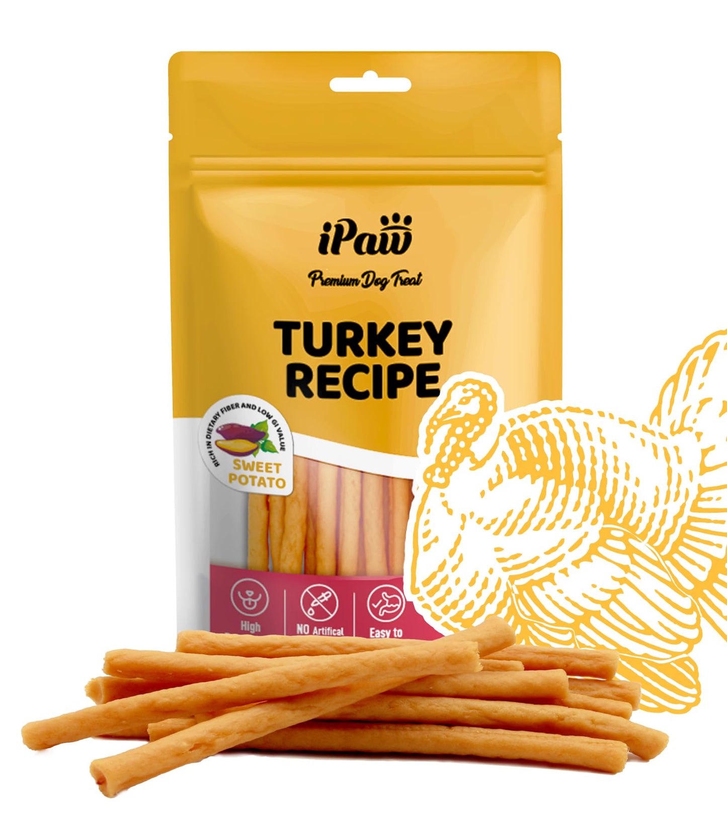 iPaw Turkey Dog Treats, All Natural Human Grade Dog Treat, Suitable for Training chew, US Sourced Raw Material, Hypoallergenic, Rawhide Alternative, Thin Stick (Sweet Potato)